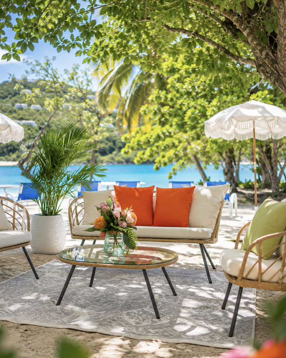 A private event set up on the sand at Magens Bay Beach Club