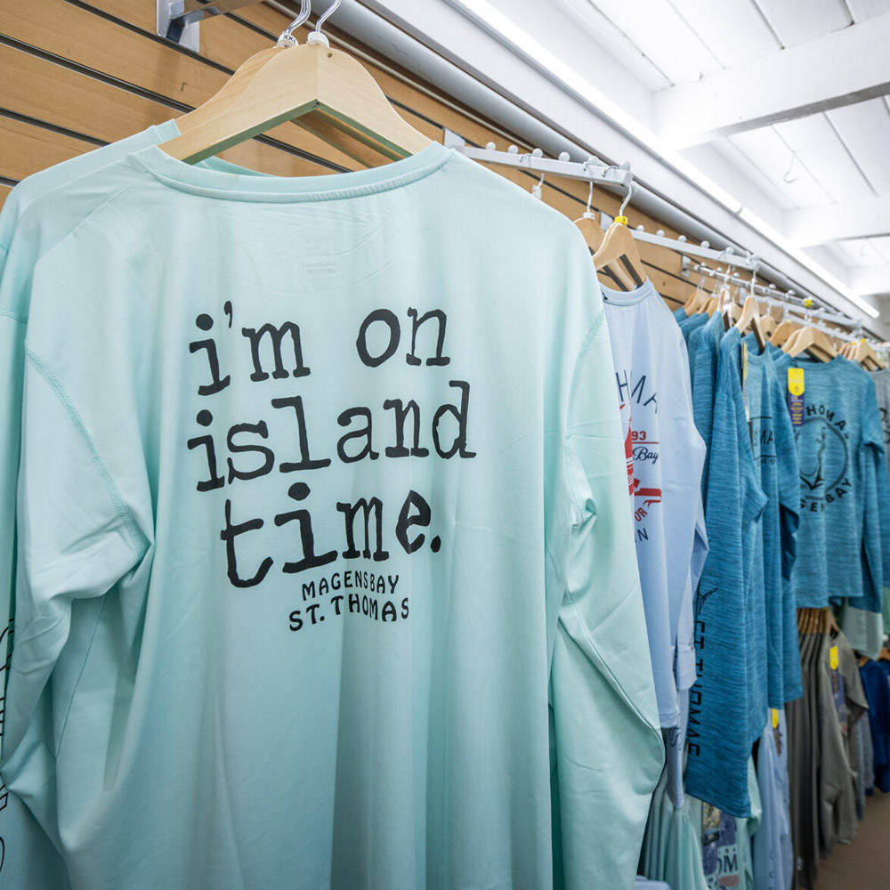 Magens Bay t-shirts on the rack in the gift shop